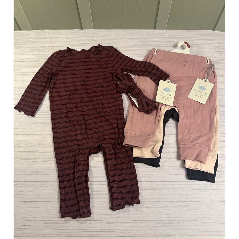 Cloud Island Baby Romper Head Wrap Set and 3-Pack Pants Burgundy Pink 3-6M NWT
